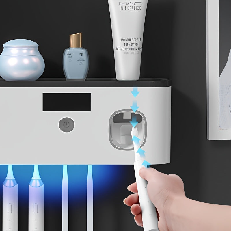 Smart Toothbrush Sanitizer with Automatic Toothpaste Dispenser – Wall-Mounted, 5-Slot Storage, Durable Plastic, USB Rechargeable Battery, Modern Bathroom Organizer for Electric Toothbrushes and Accessories, Toothbrush Holde